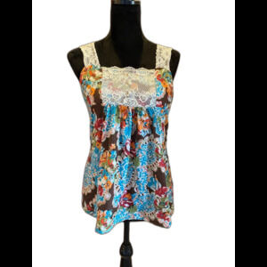 Self Esteem Blouse Womens Sleeveless Top  Lace  Straps Blue Orange Pattern